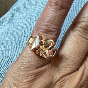 Elegant Cocktail Ring. Gold Tone Amber Citrine Statement Ring Size 3.75 #3751